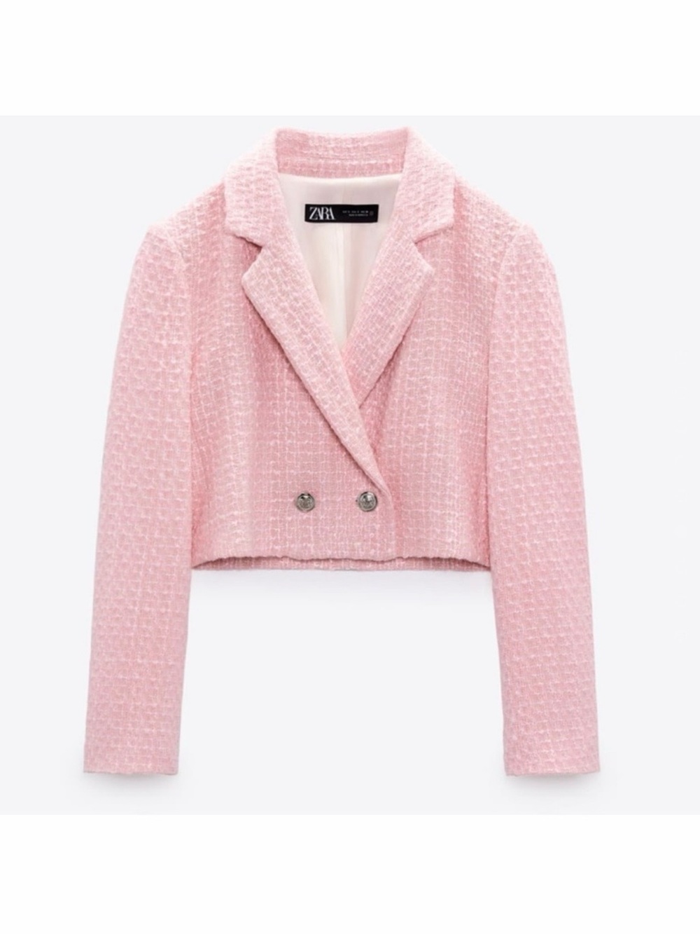 ZARA Pink Cropped Tweed Blazer Jacket